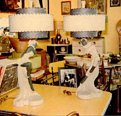 pair of vintage chalkware lamps with matching reproduction fiberglass lampshades