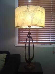 picture of large drum lampshade on vintage lamp